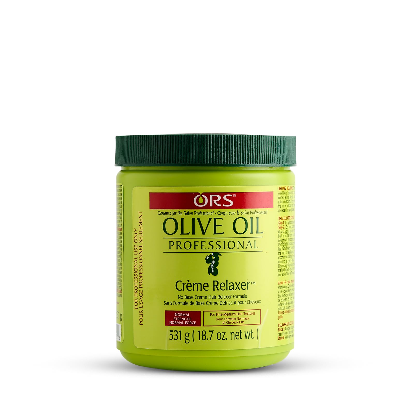 ORS Olive Oil Professional Creme Relaxer bottle on counter for at-home use to smooth hair.