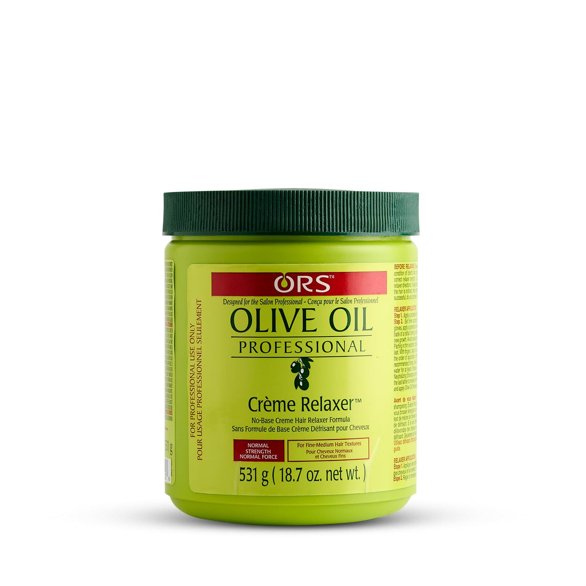 ORS Olive Oil Professional Creme Relaxer bottle on counter for at-home use to smooth hair.