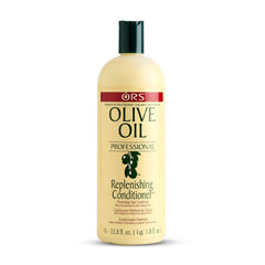 ORS Olive Oil Professional Replenishing Conditioner bottle shows moisture-rich formula for silky, glossy hair.