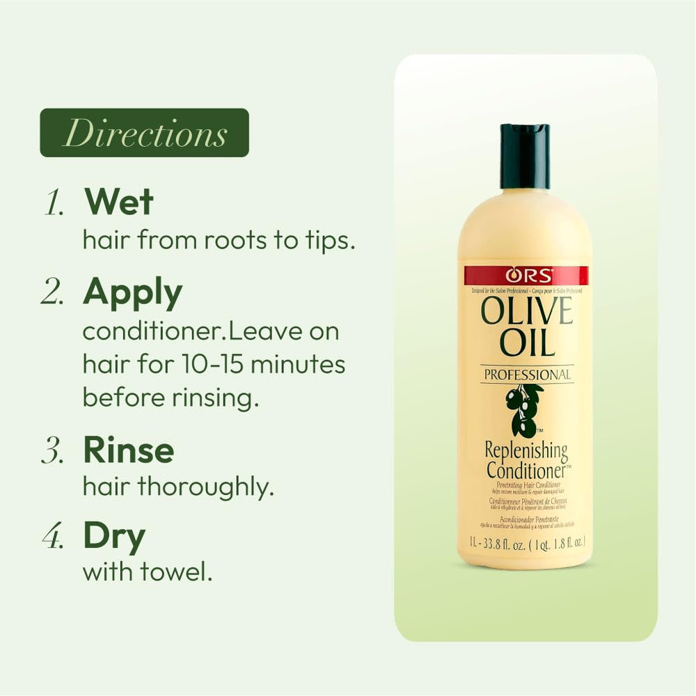 ORS Olive Oil Professional Replenishing Conditioner silky-hair-closeup illustrates shine and softness.