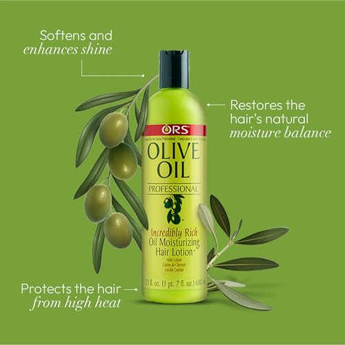 ORS Olive Oil Professional application shot showing smoothing lotion on hair.