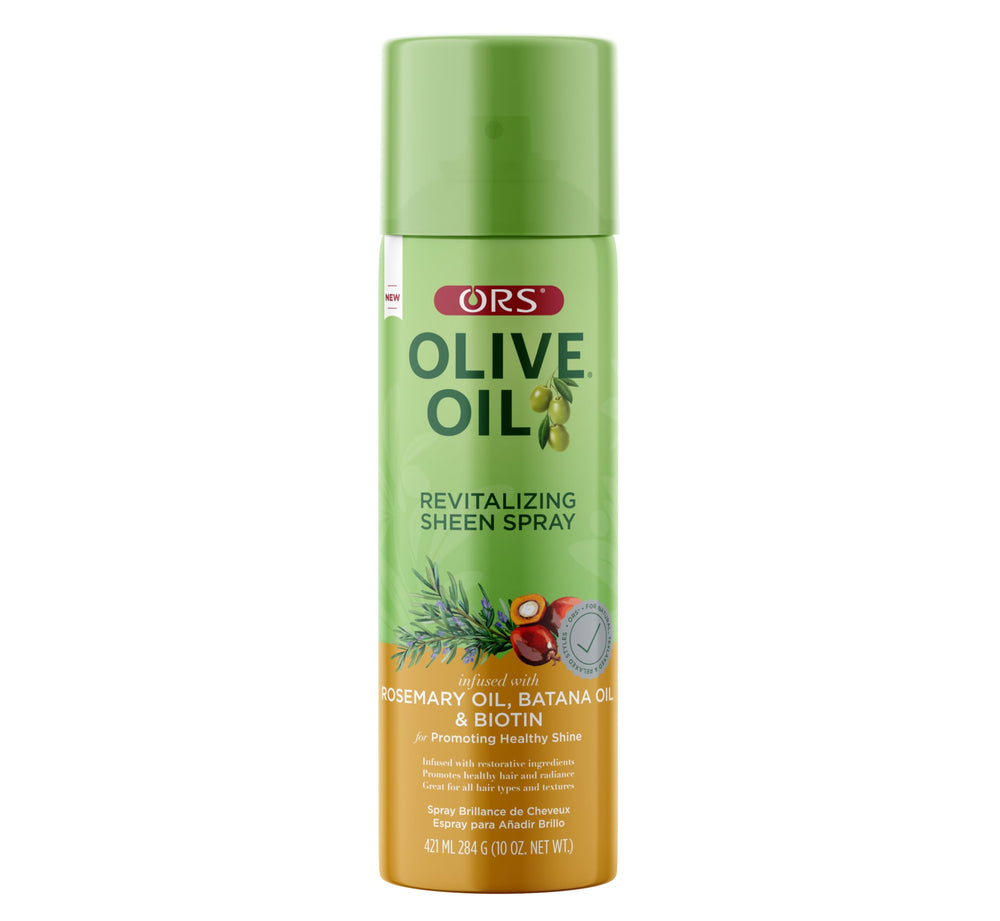 ORS Olive Oil Revitalizing Sheen Spray bottle delivering lightweight shine for all hair types