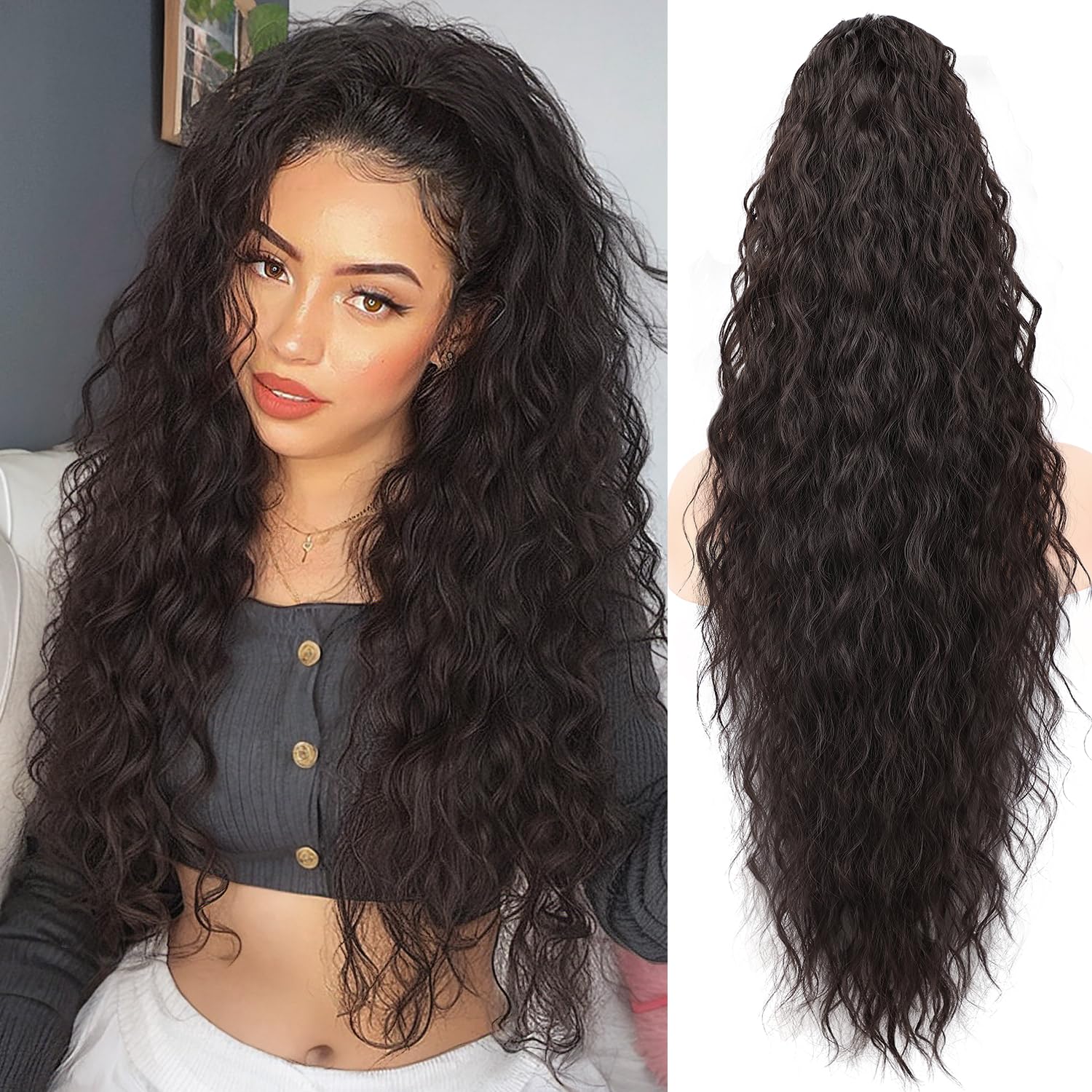 ORSUNCER claw-long-wavy ponytail clip black brown for secure daily wear.