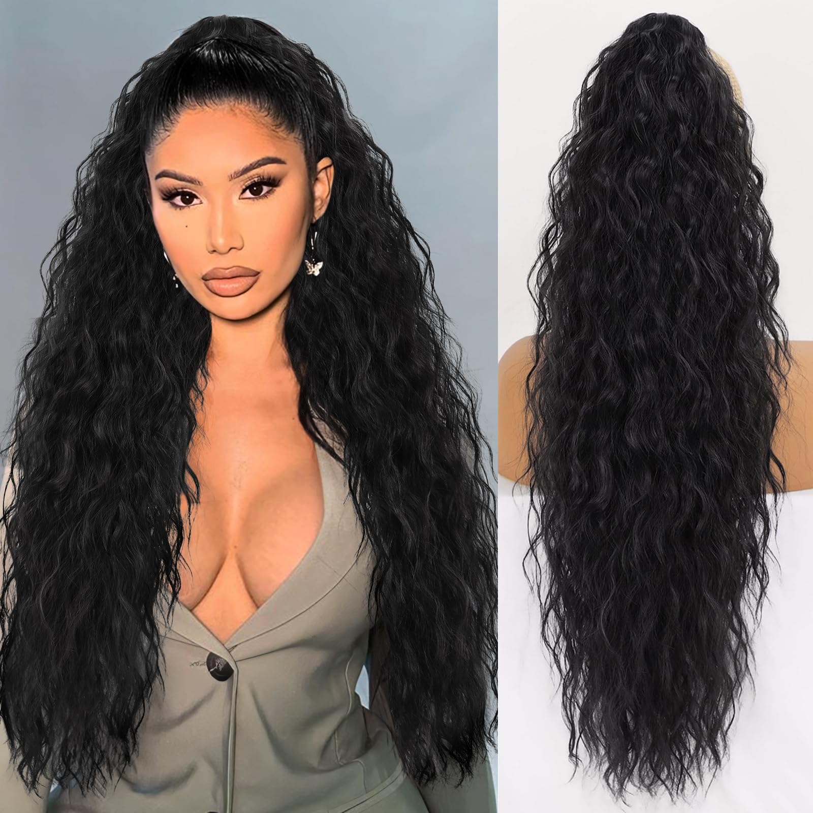 ORSUNCER pony-tail-extension front view shows fluffy 30-inch curl for everyday glam
