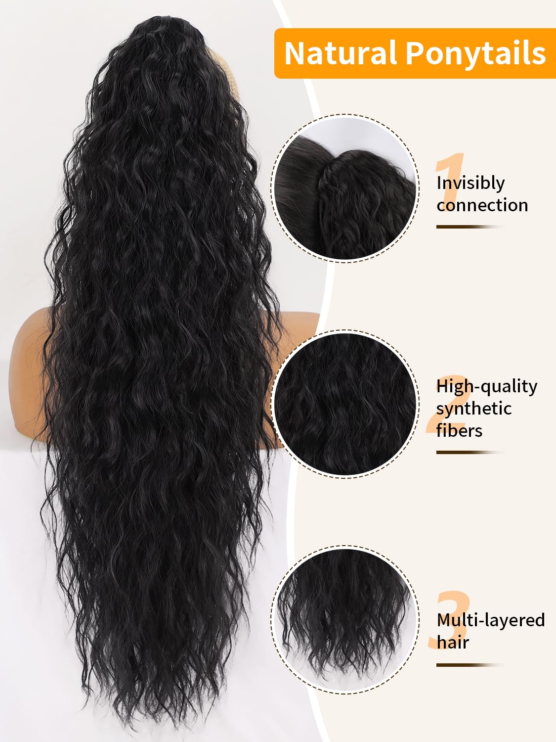 ORSUNCER pony-tail-extension side view highlights full-length curl for dramatic looks