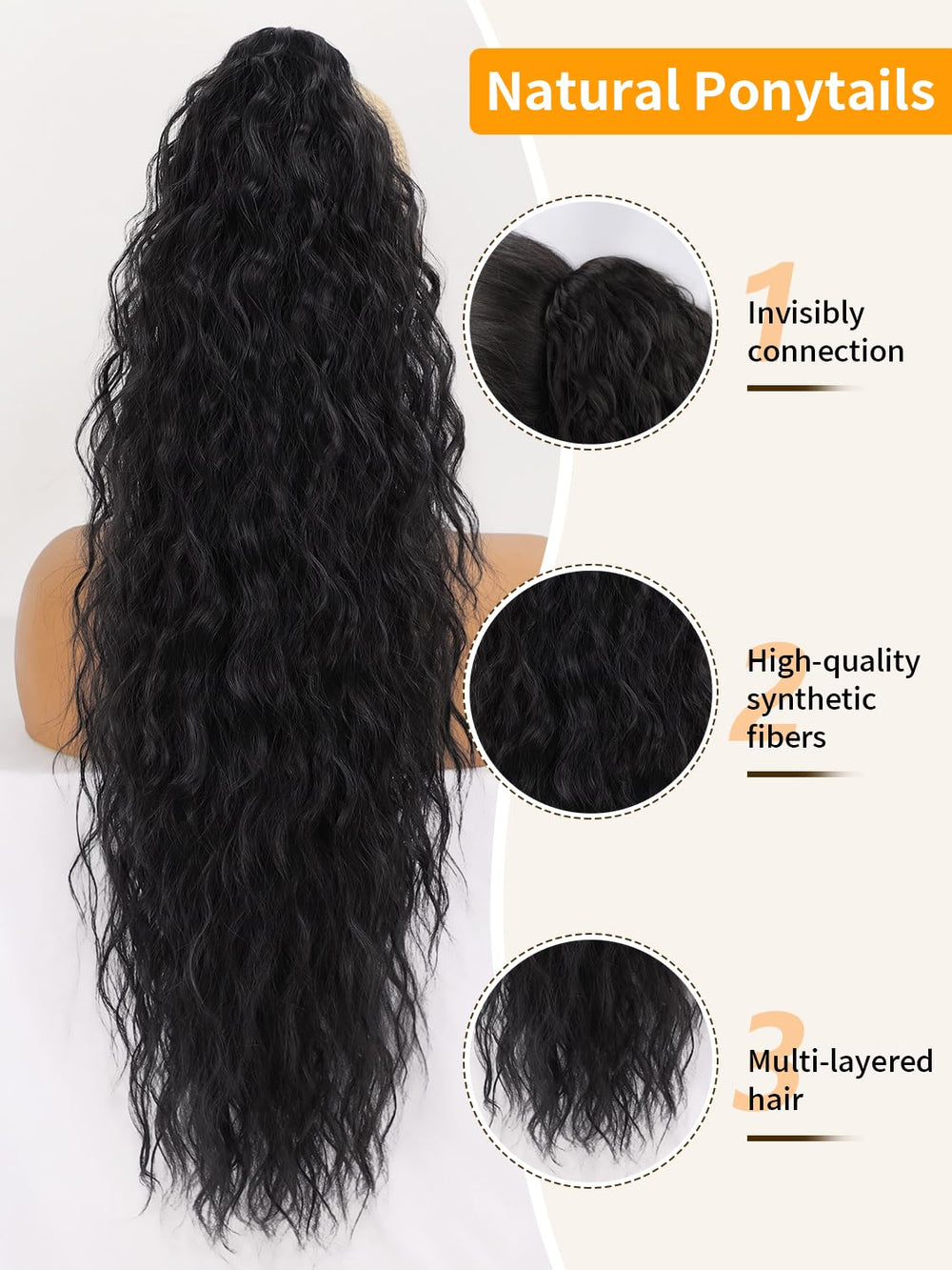 ORSUNCER pony-tail-extension side view highlights full-length curl for dramatic looks