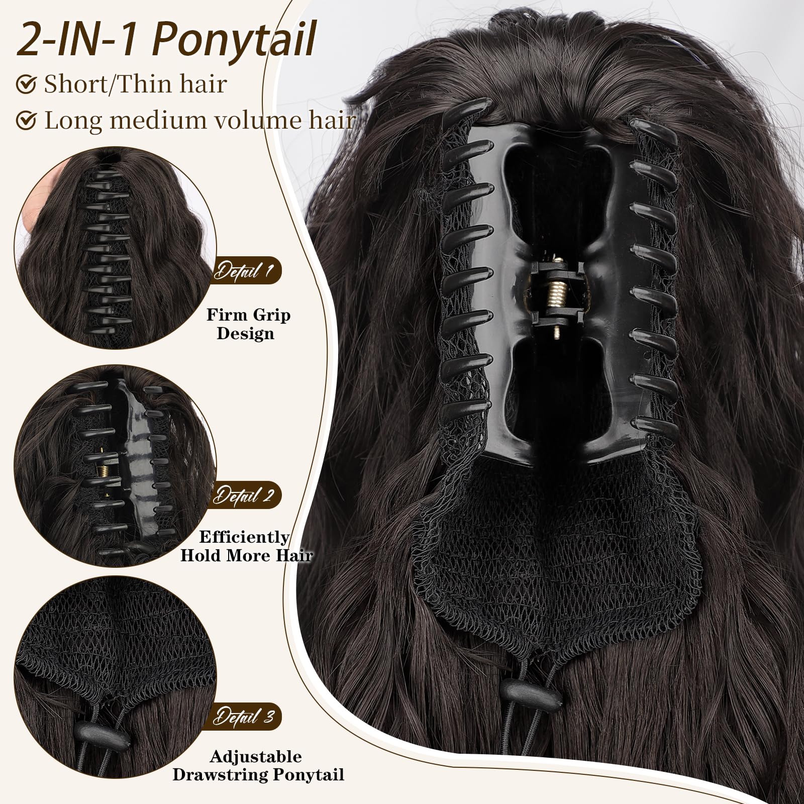 ORSUNCER synthetic fiber ponytail 30in black brown for natural look.