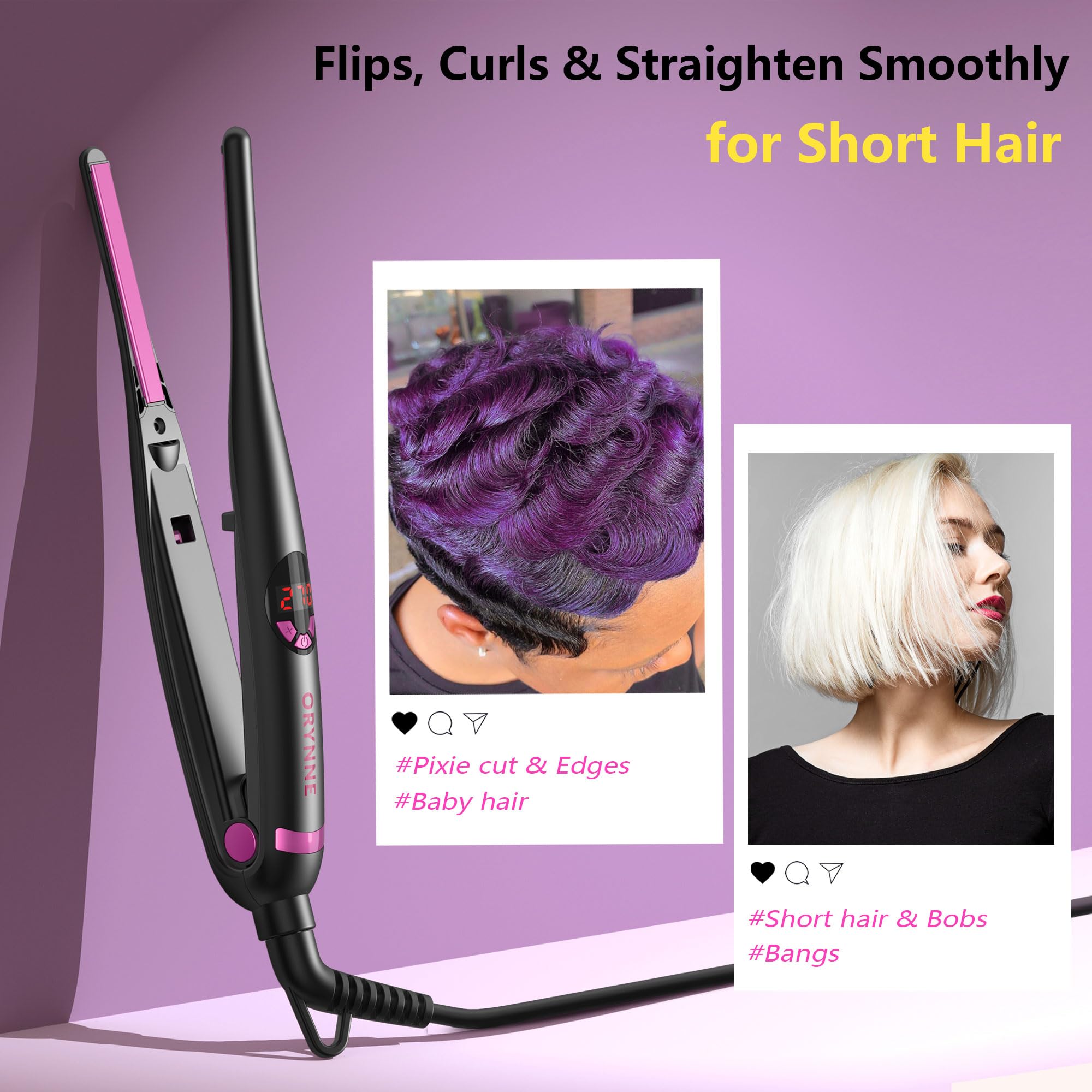 ORYNNE mini flat iron with quick 5-second heat-up for on-the-go styling.