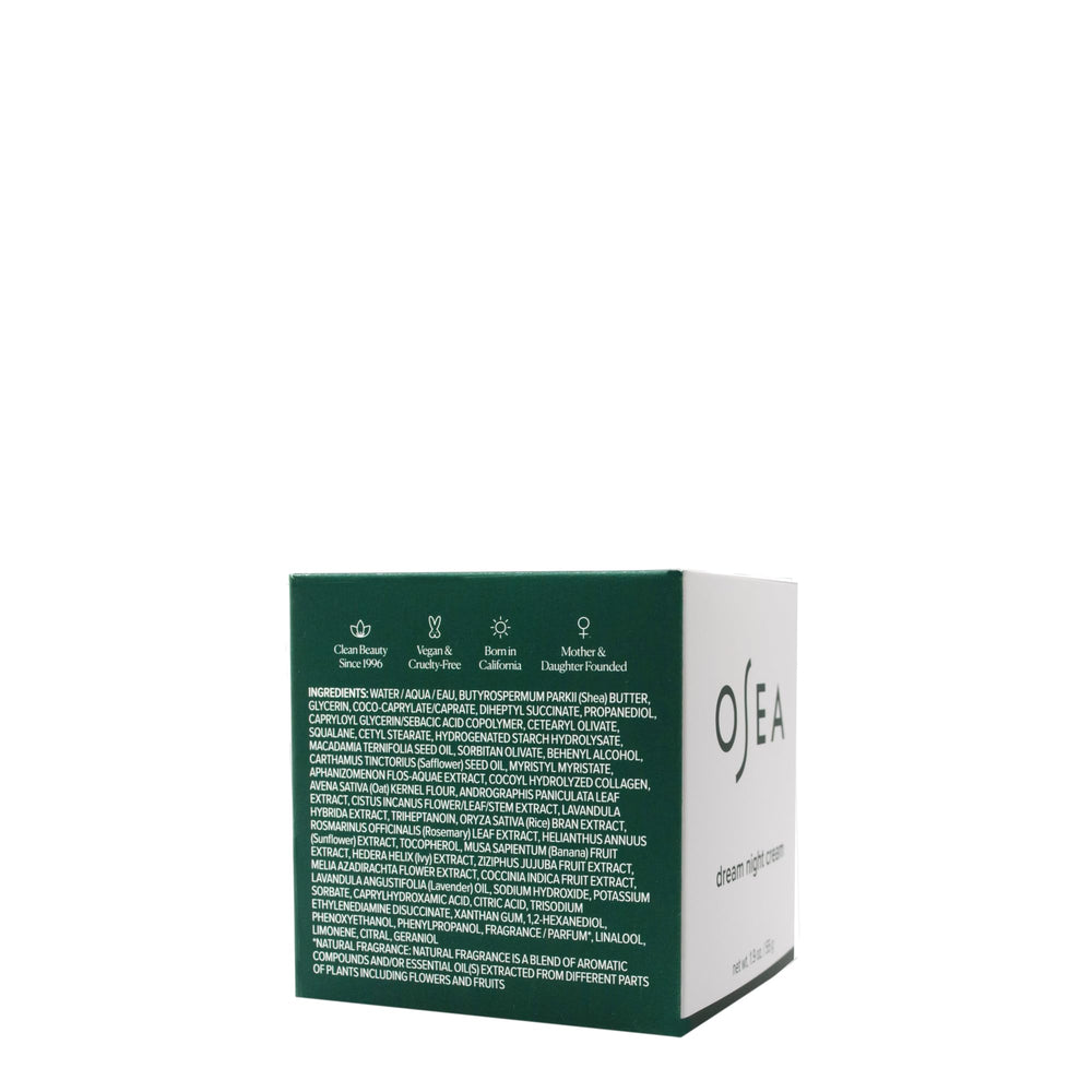 OSEA Dream Night Cream eco-packaging promotes clean beauty and responsible sourcing.