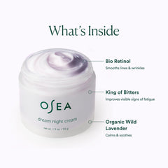 OSEA Dream Night Cream jar packaging highlights sustainable, clean beauty commitment.