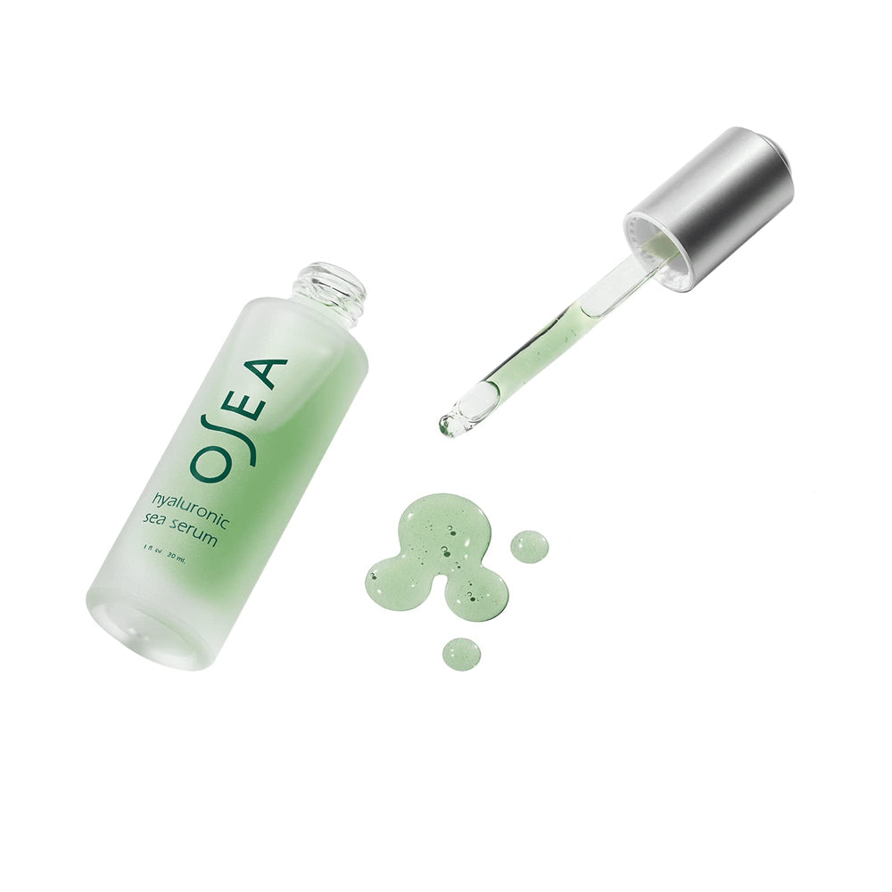 OSEA Hyaluronic Acid Sea Serum packaging photo emphasizes clean, vegan branding.