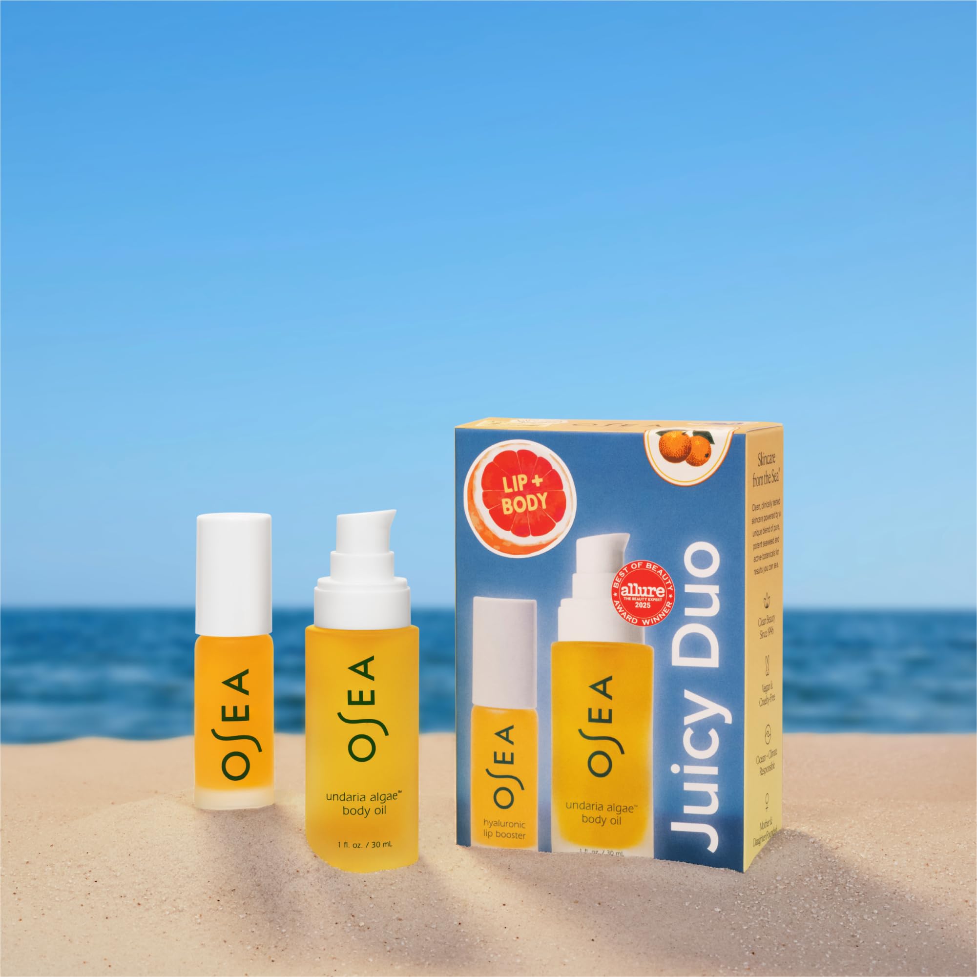 OSEA Juicy Duo body oil bottle provides deep moisture.