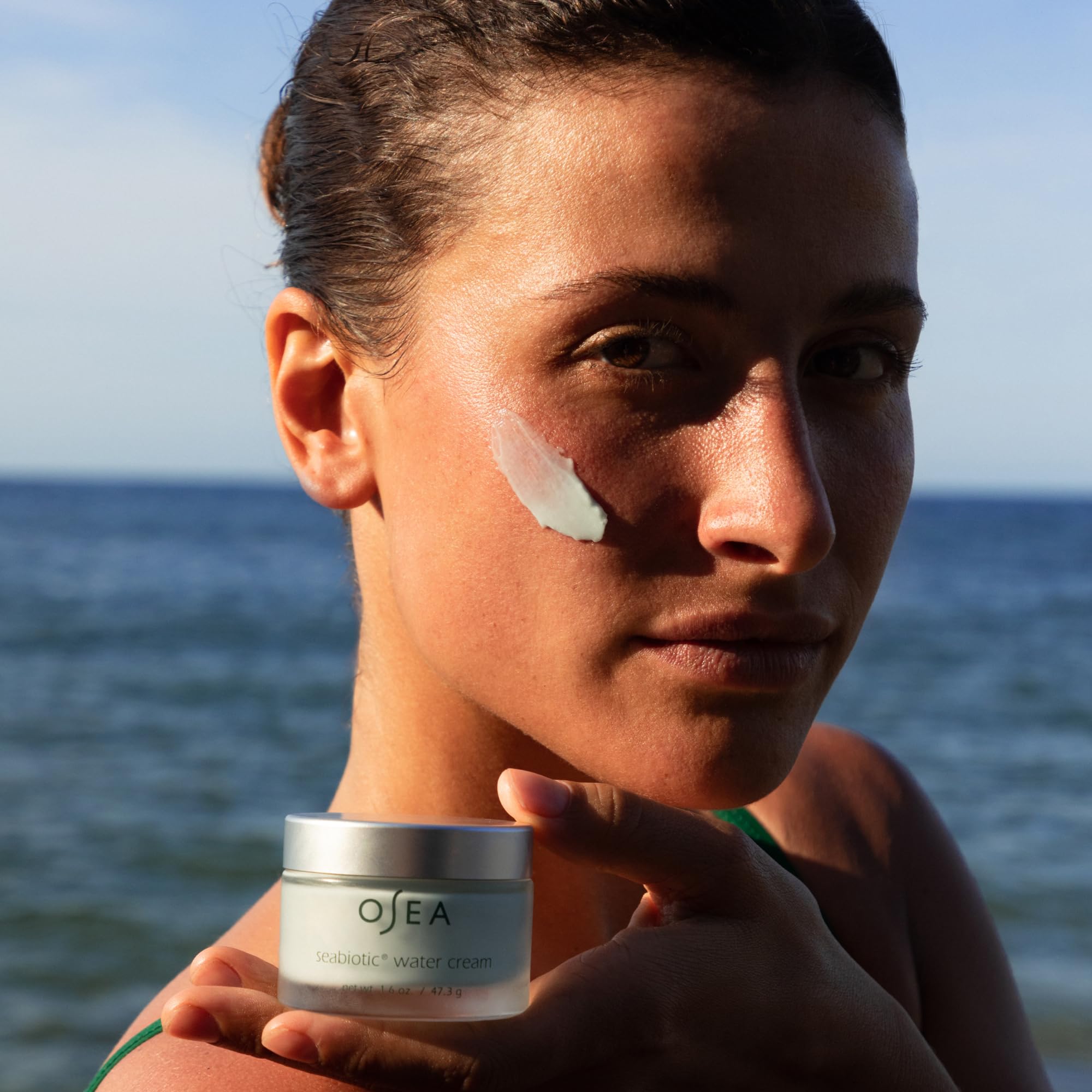 Texture close-up of OSEA Seabiotic Water Cream showing silky finish