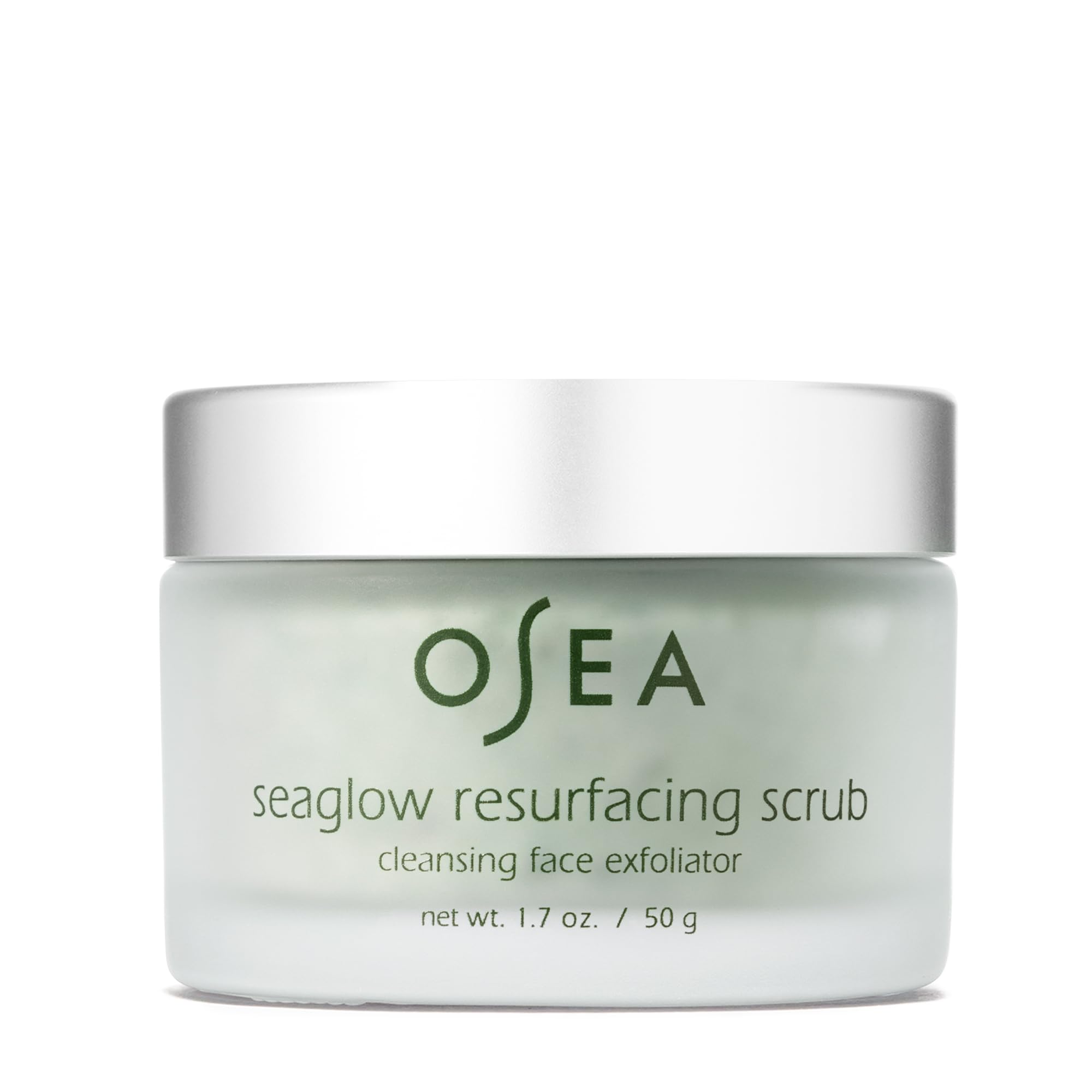 OSEA Seaglow Resurfacing Scrub jar shows creamy exfoliating texture for smooth skin.