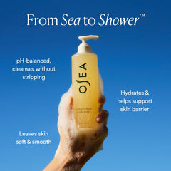 OSEA Undaria Algae Body Wash bottle pour demonstrates gentle daily cleanse.