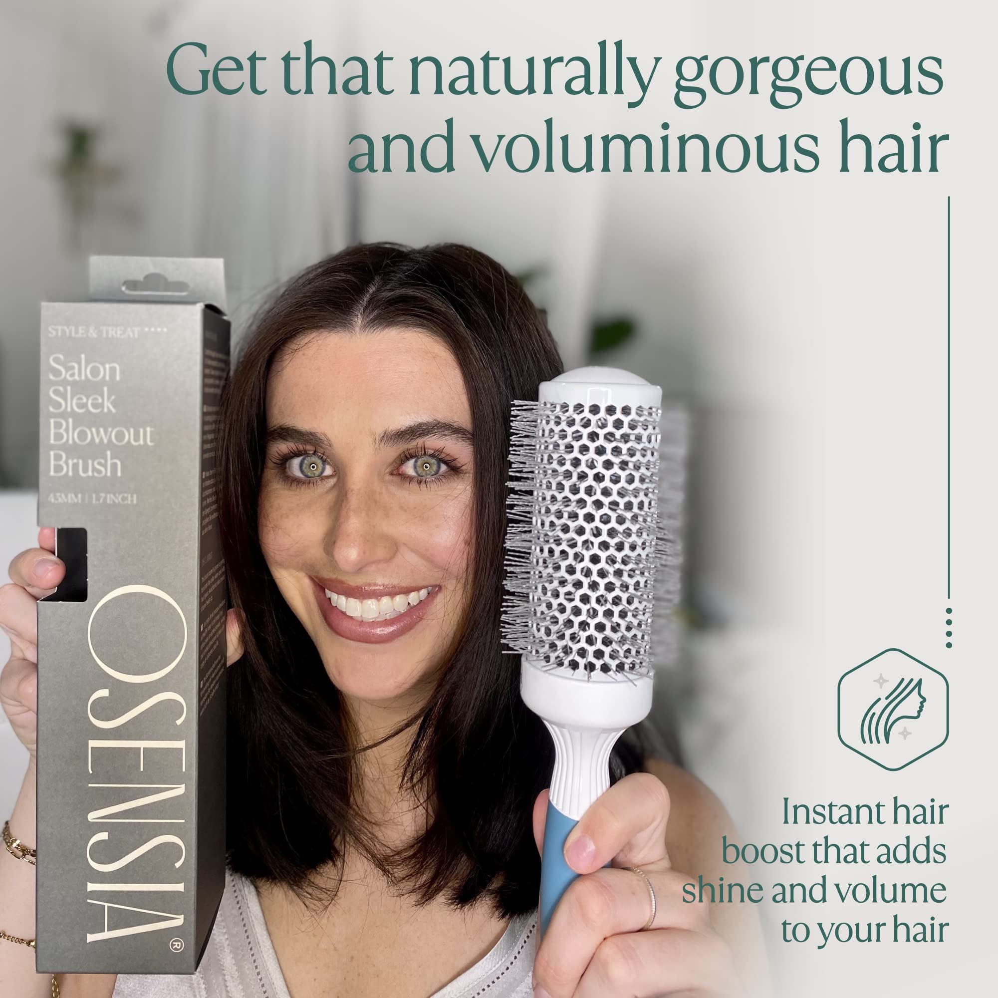 Osensia ceramic hair brush pairs with blow dryer for glossy volume.