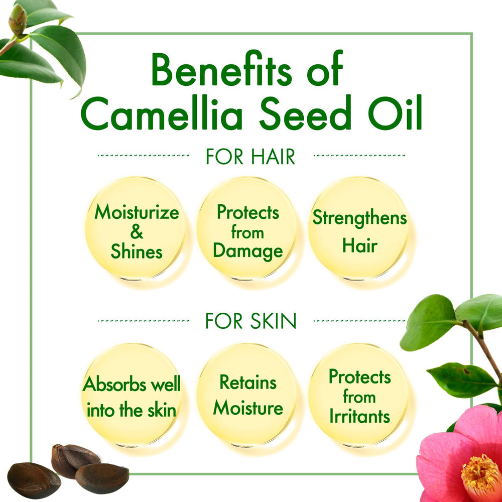 Oshima Tsubaki Camellia Seed Oil packaging in English with instructions