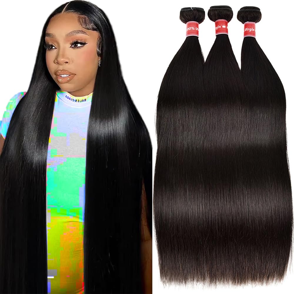 Oshiney straight hair bundles 26-30 inch close-up showing silky fullness for a natural look.