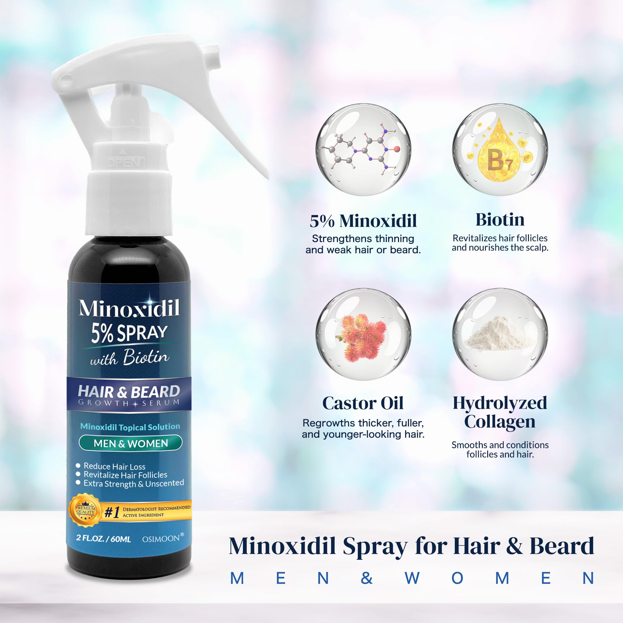 OSIMOON 5% ingredients label highlights biotin and castor oil for stronger strands.