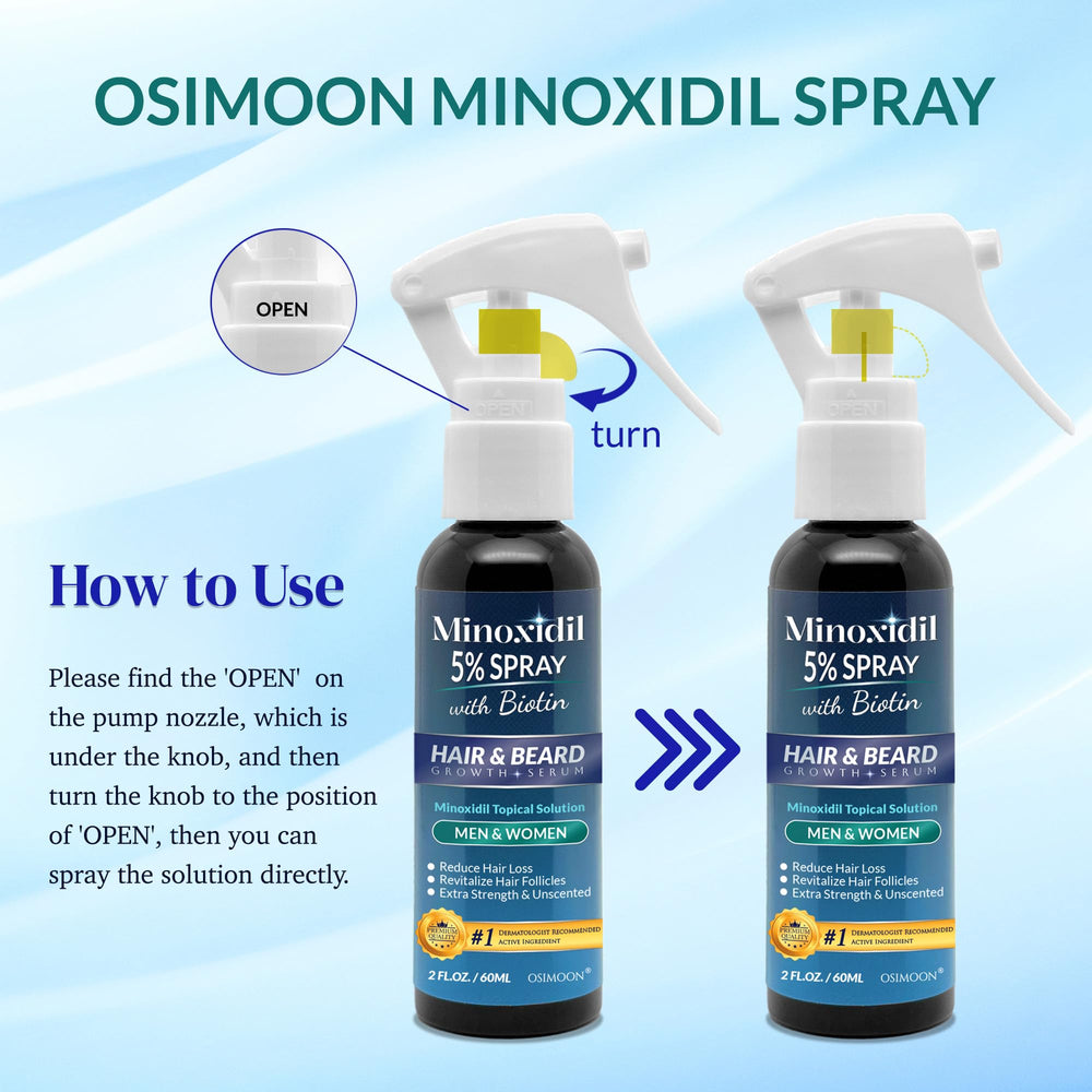 OSIMOON dropper applying minoxidil spray for easy daily use.