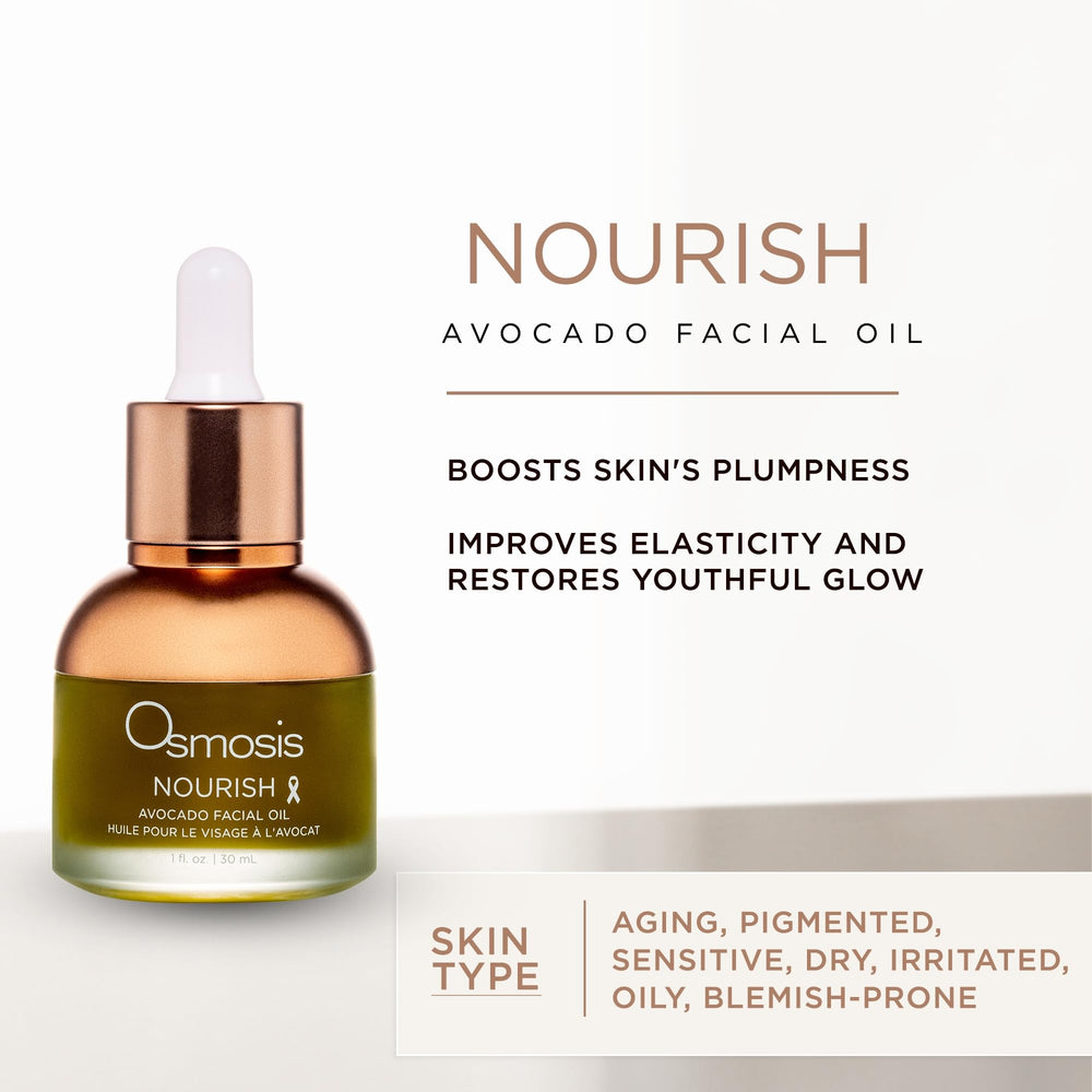 OSMOSIS Nourish Avocado Oil amber bottle closeup conveys premium packaging
