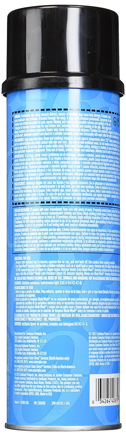 Oster Blade Wash Dip bottle close-up showing label and convenient 3-pack value.