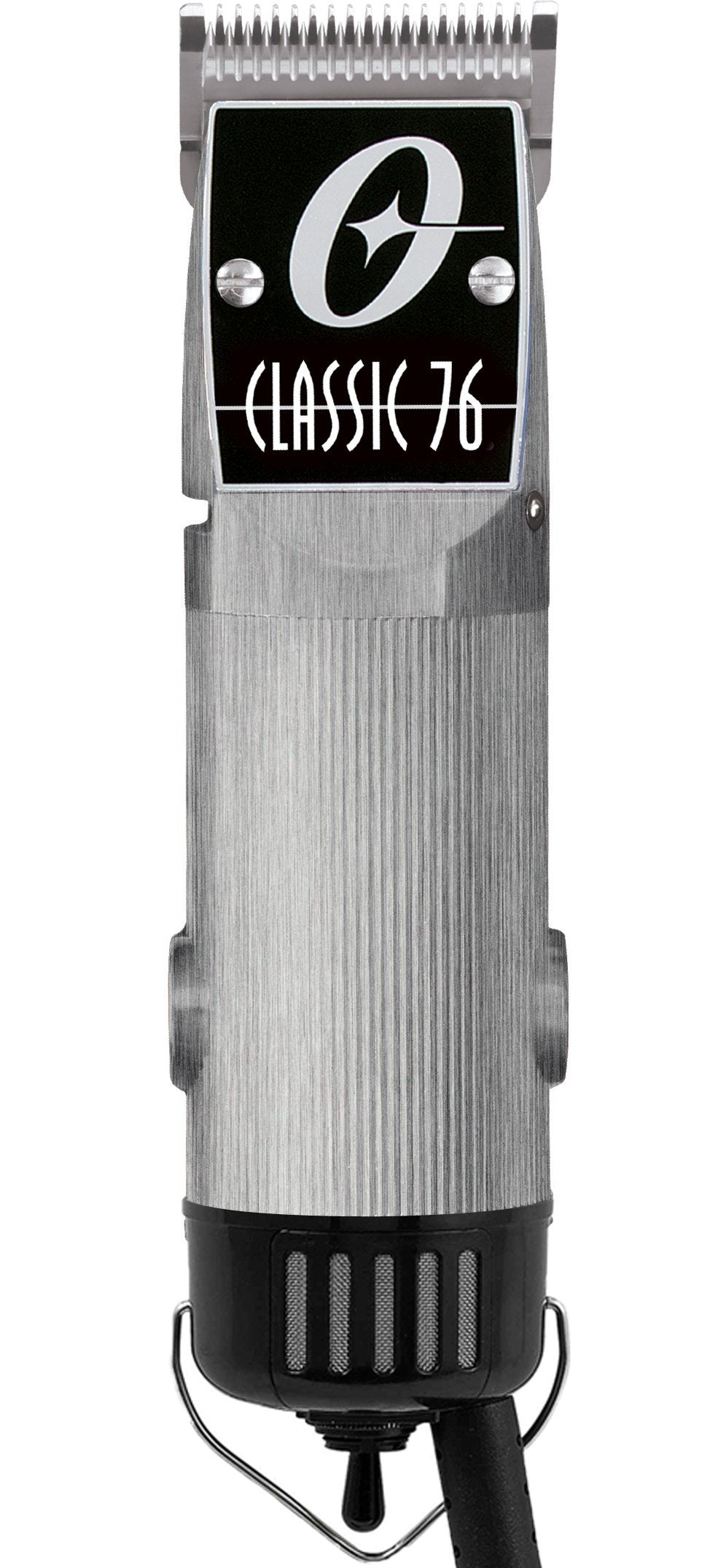 Oster Classic 76 hair clipper with brushed aluminum housing for professional-grade salon use.