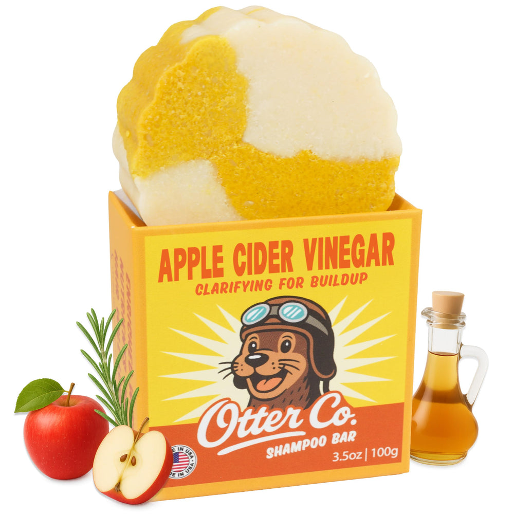Otter Co clarifying apple cider vinegar shampoo bar close-up shows cleansing action.