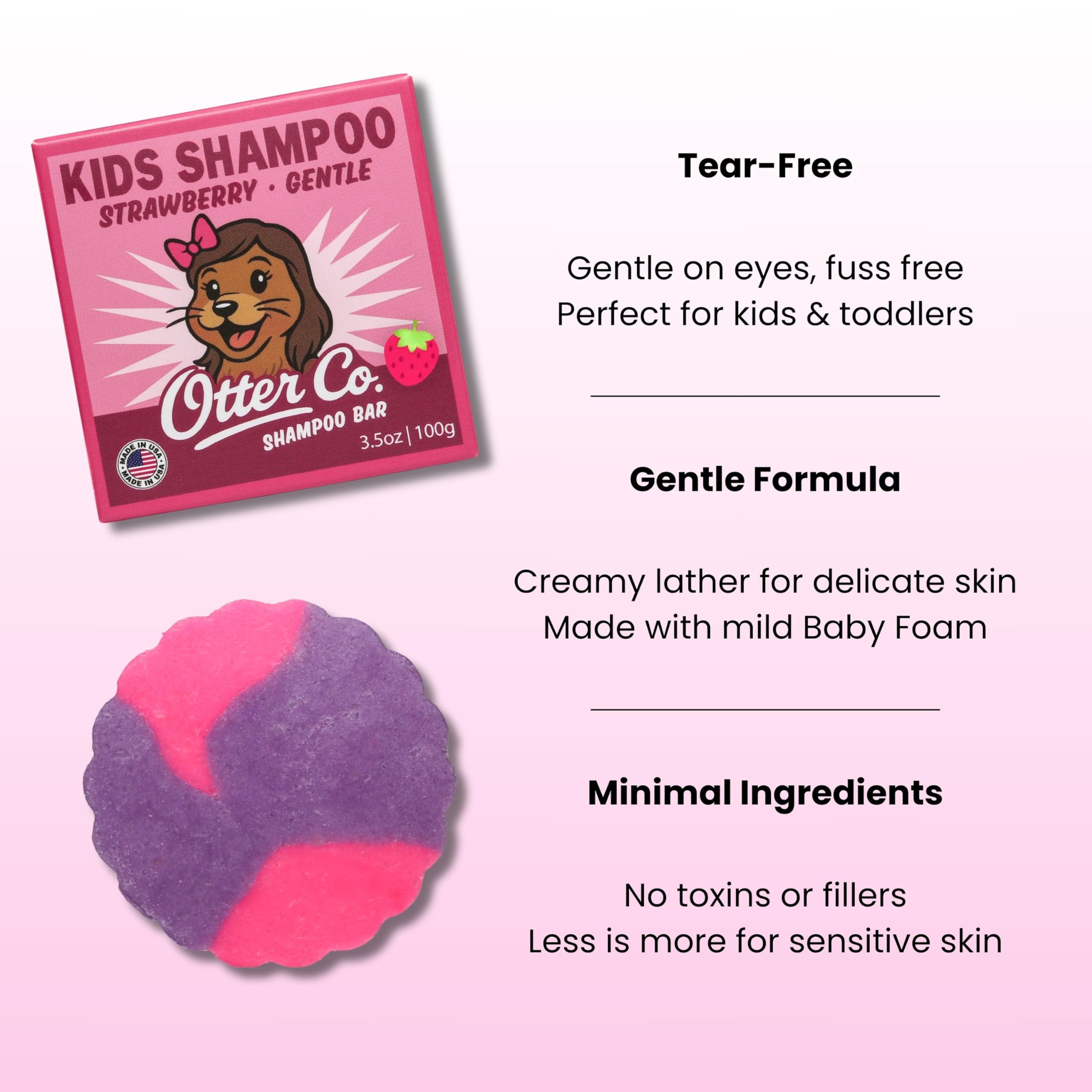 Otter Co. Kids Gentle Strawberry Shampoo Bar on shelf demonstrates tear-free cleansing for sensitive scalps.