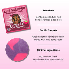 Otter Co. Kids Gentle Strawberry Shampoo Bar on shelf demonstrates tear-free cleansing for sensitive scalps.
