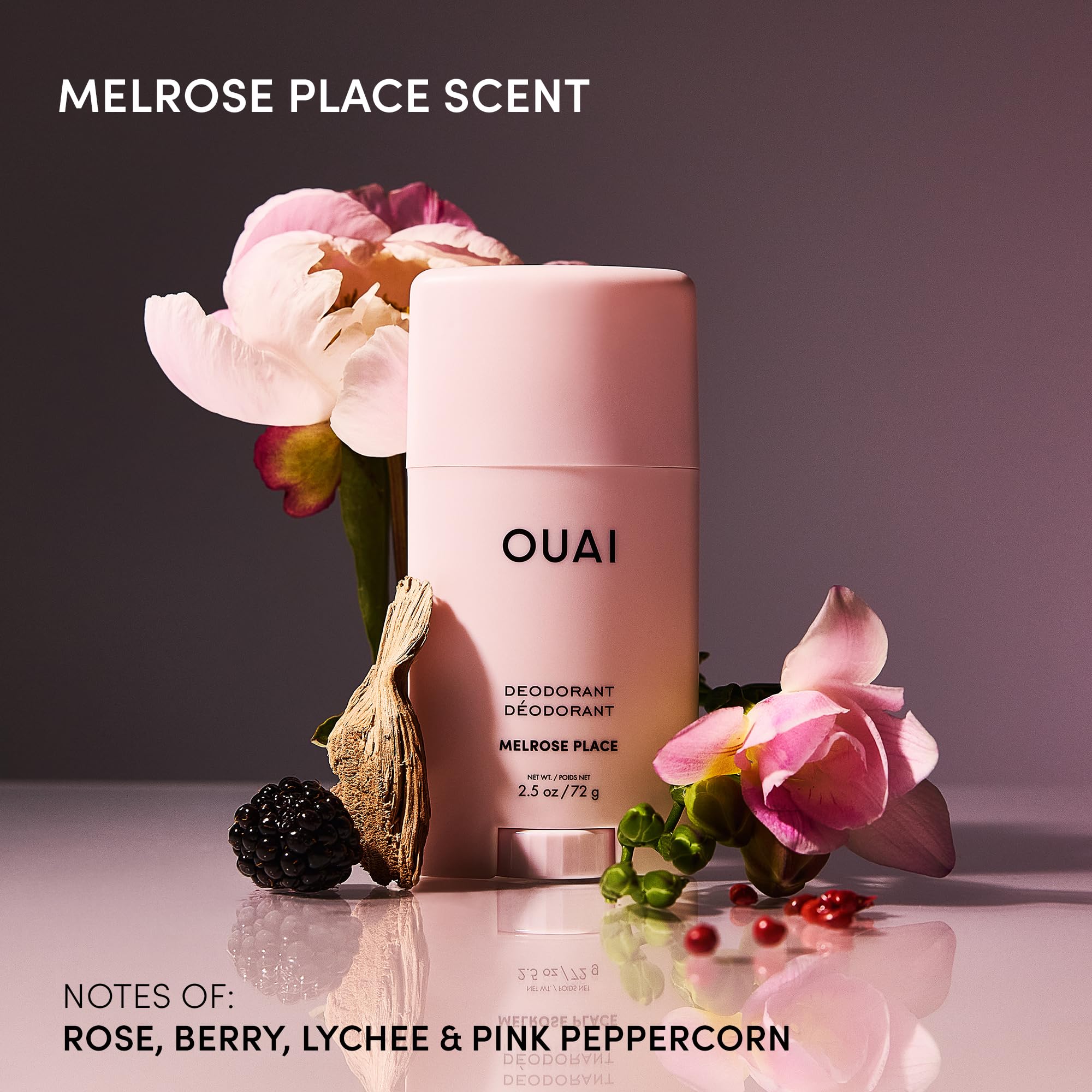 OUAI aluminum-free deodorant application close-up showing clear swipe-on formula