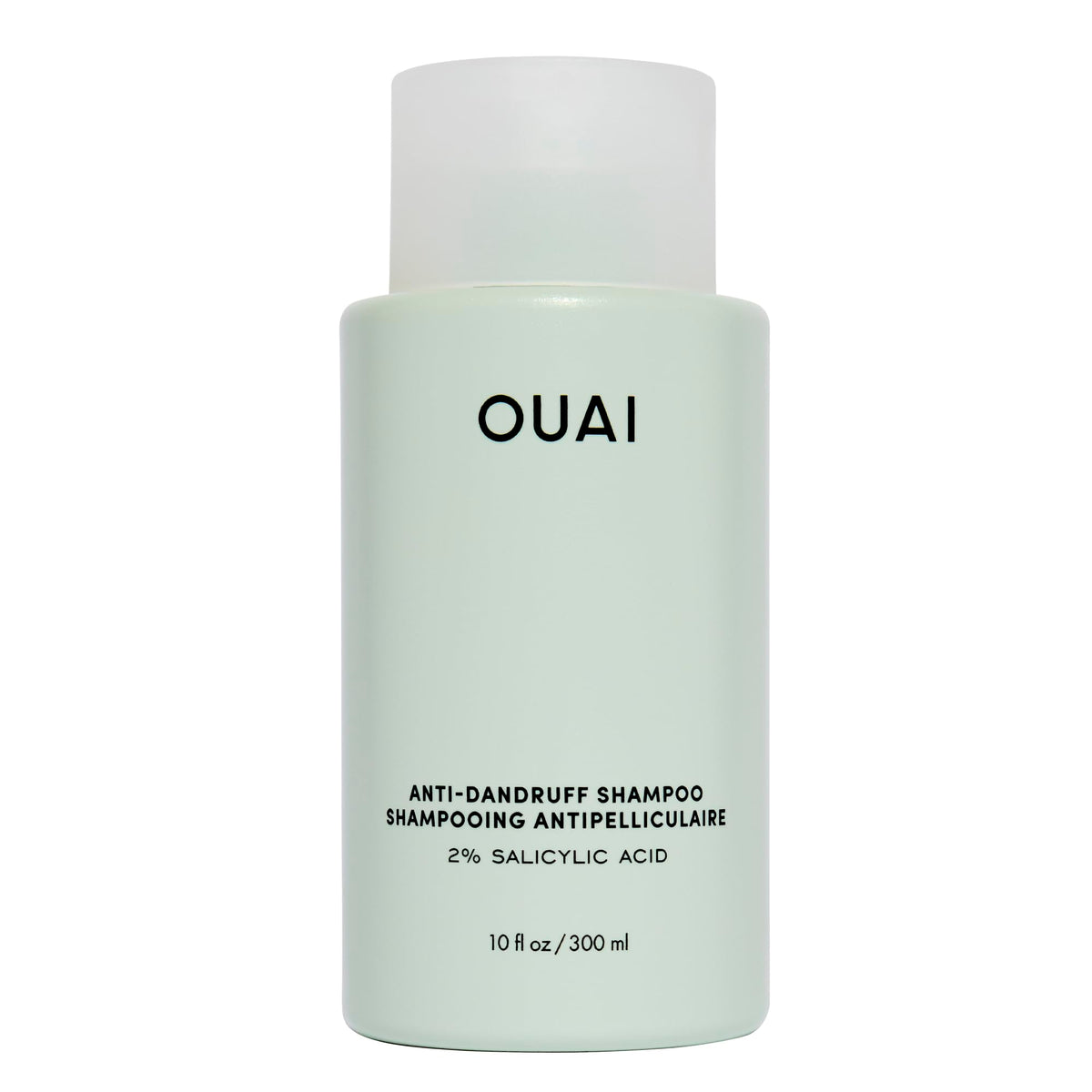 OUAI anti-dandruff shampoo bottle highlighting gentle scalp care