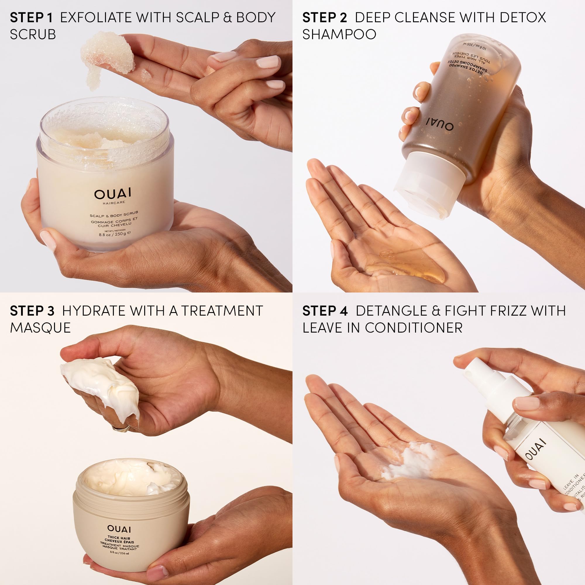 OUAI bathroom display – quick, effortless hair care routine