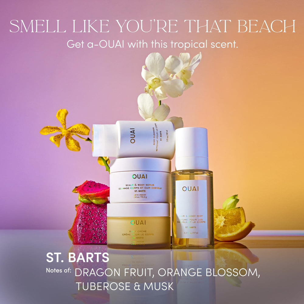 OUAI Body Cleanser travel-size foaming lather showcasing rich cleansing experience.