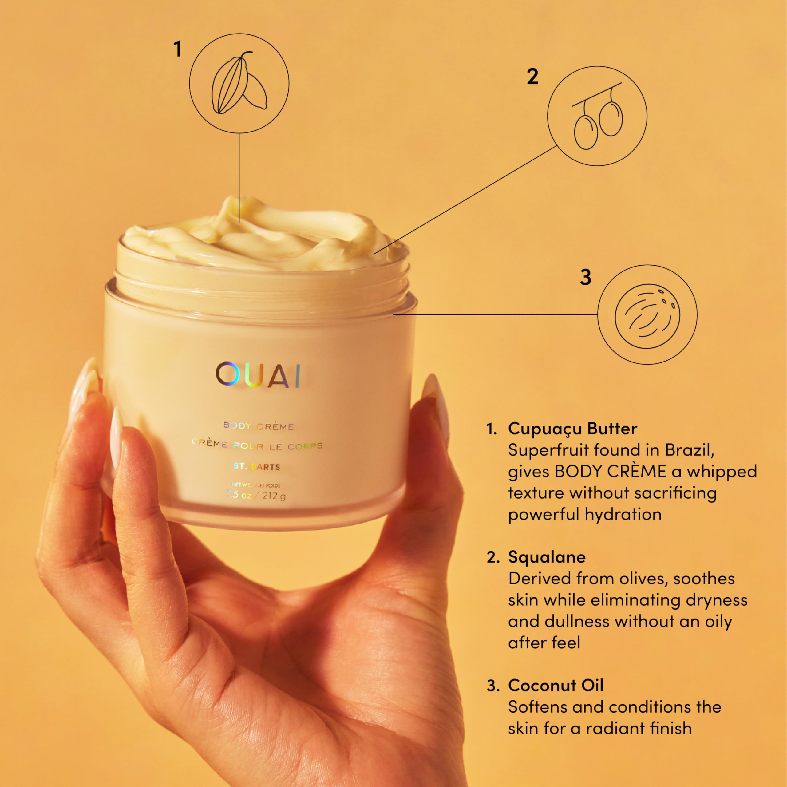 OUAI Body Cream St. Barts coconut oil component demonstrates conditioning softness.