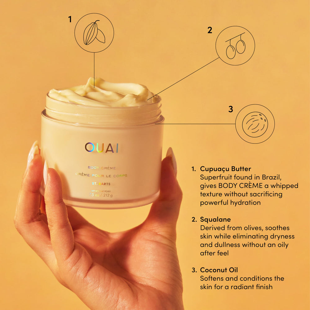 OUAI Body Cream St. Barts coconut oil component demonstrates conditioning softness.