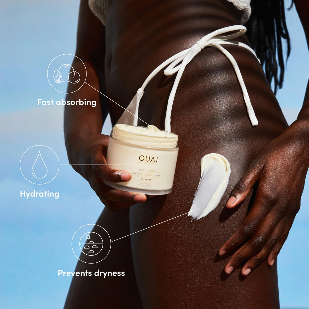 OUAI Body Cream St. Barts jar open reveals whipped texture for quick absorption.