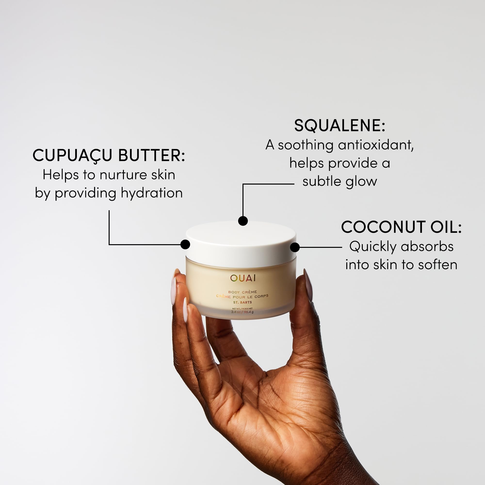OUAI Coconut oil focus demonstrates skin-softening nourishment and radiant finish.