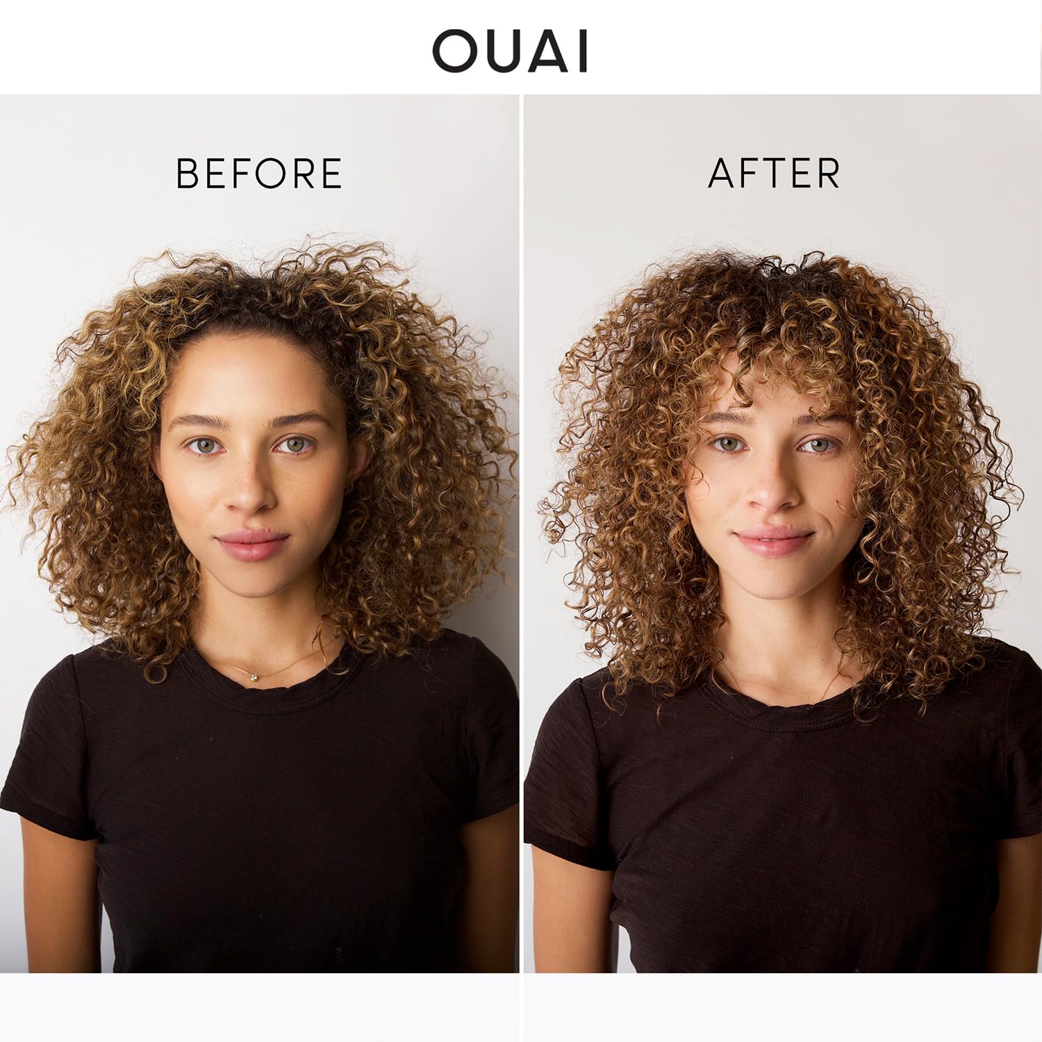 OUAI Curl Cream on dry curls revives moisture, adds shine, tames frizz.