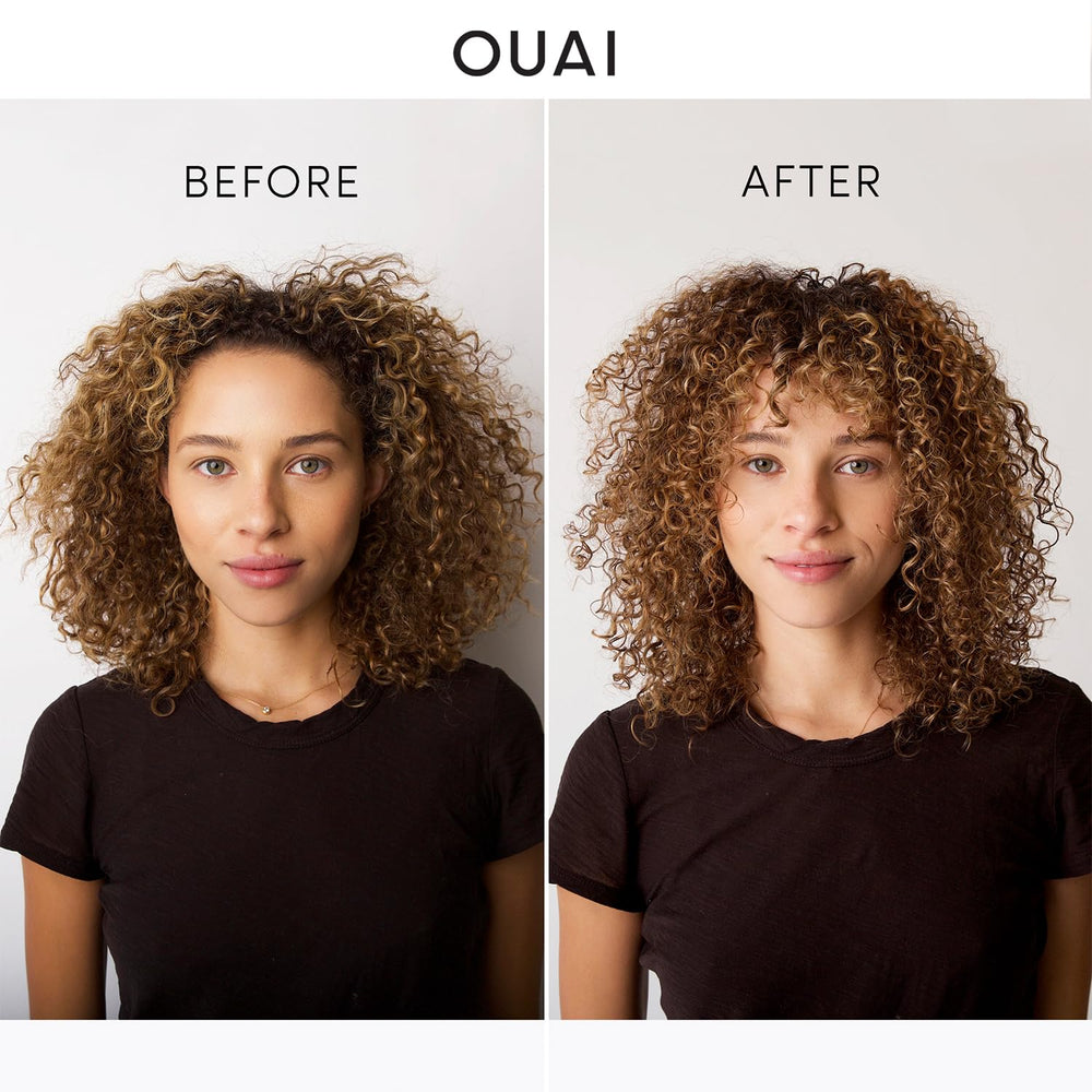 OUAI Curl Cream on dry curls revives moisture, adds shine, tames frizz.