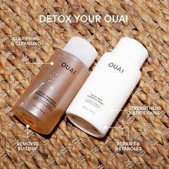 OUAI Detox Shampoo bottle being poured demonstrates cleansing away dirt and oil