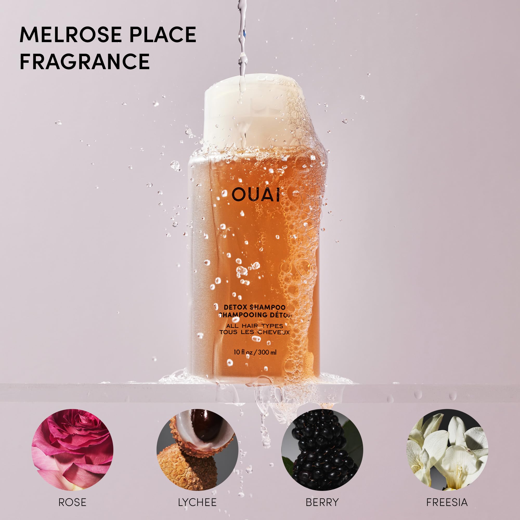 OUAI Detox Shampoo clarifying action targets mineral and chlorine buildup.