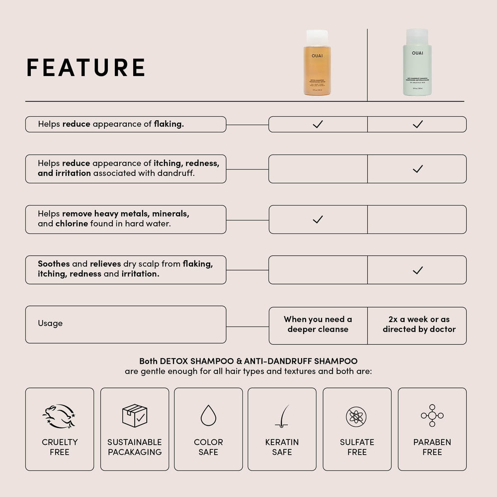 OUAI Detox Shampoo label close-up shows clarifying formula for cleaner, lighter hair.