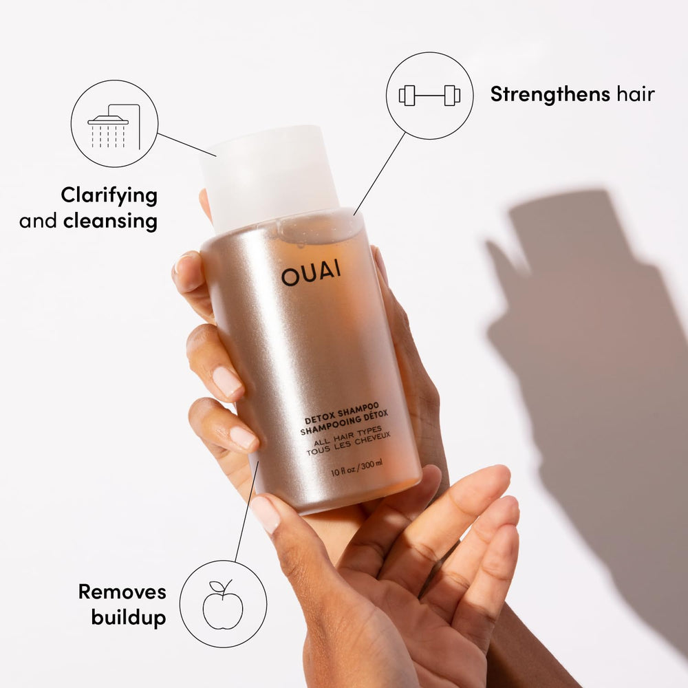 OUAI Detox Shampoo Refill bottle tilted for easy grip and sulfate-free cleansing