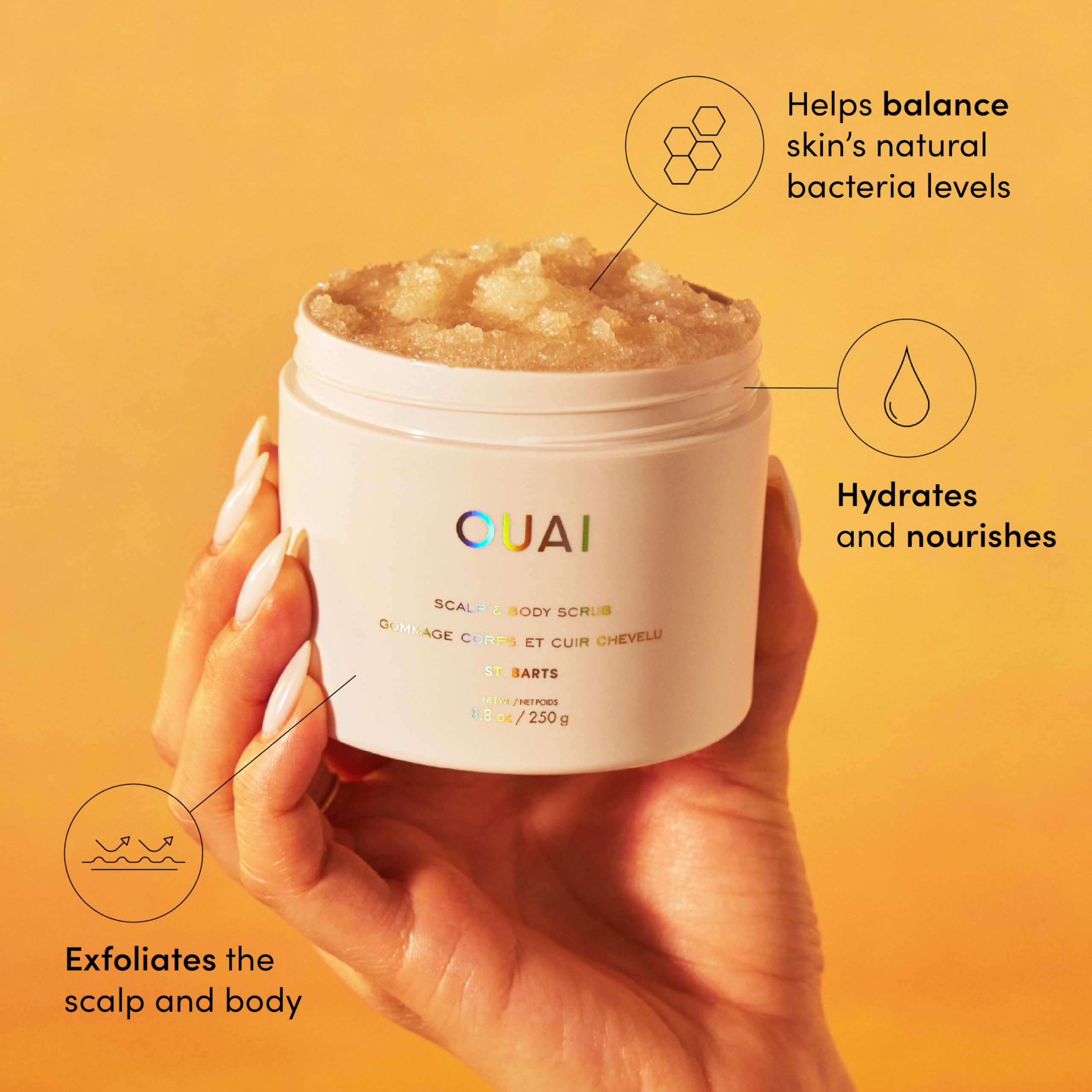 OUAI Exfoliating sugar scrub texture highlights gentle grains.