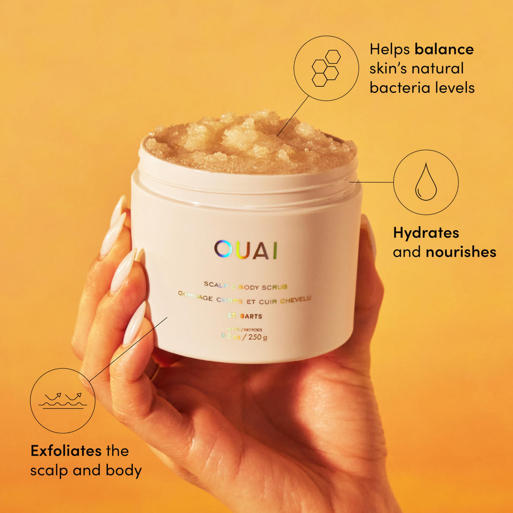 OUAI Exfoliating sugar scrub texture highlights gentle grains.