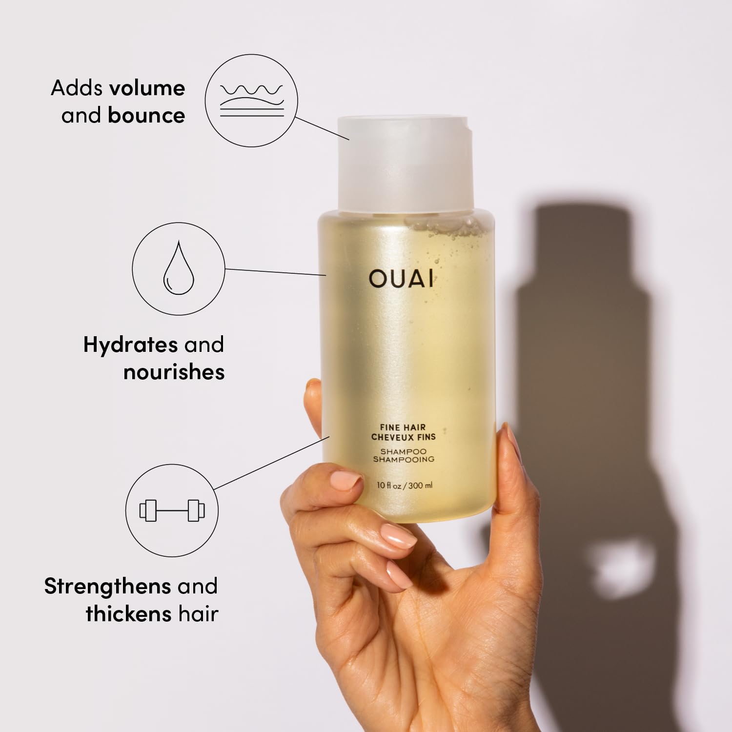 OUAI Fine Conditioner bottle shows detangling and moisture for fine hair