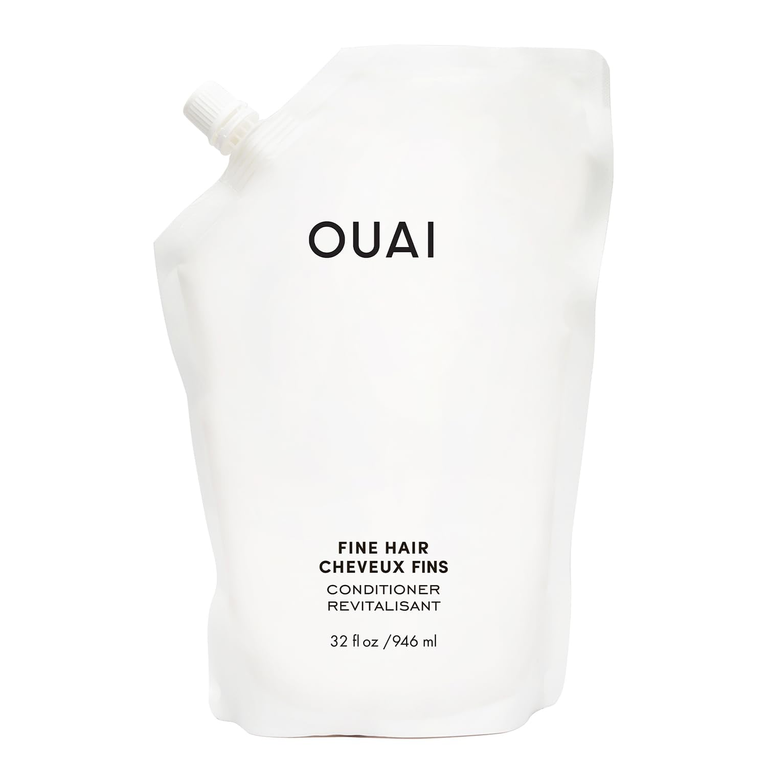 OUAI Fine Hair Conditioner Refill bottle closeup showing potential soft volume