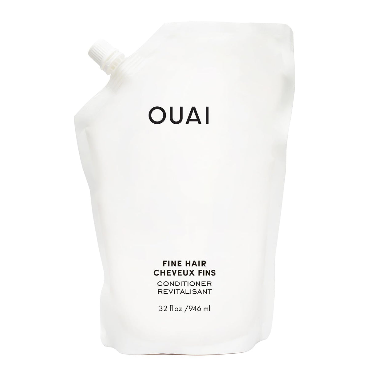 OUAI Fine Hair Conditioner Refill bottle closeup showing potential soft volume
