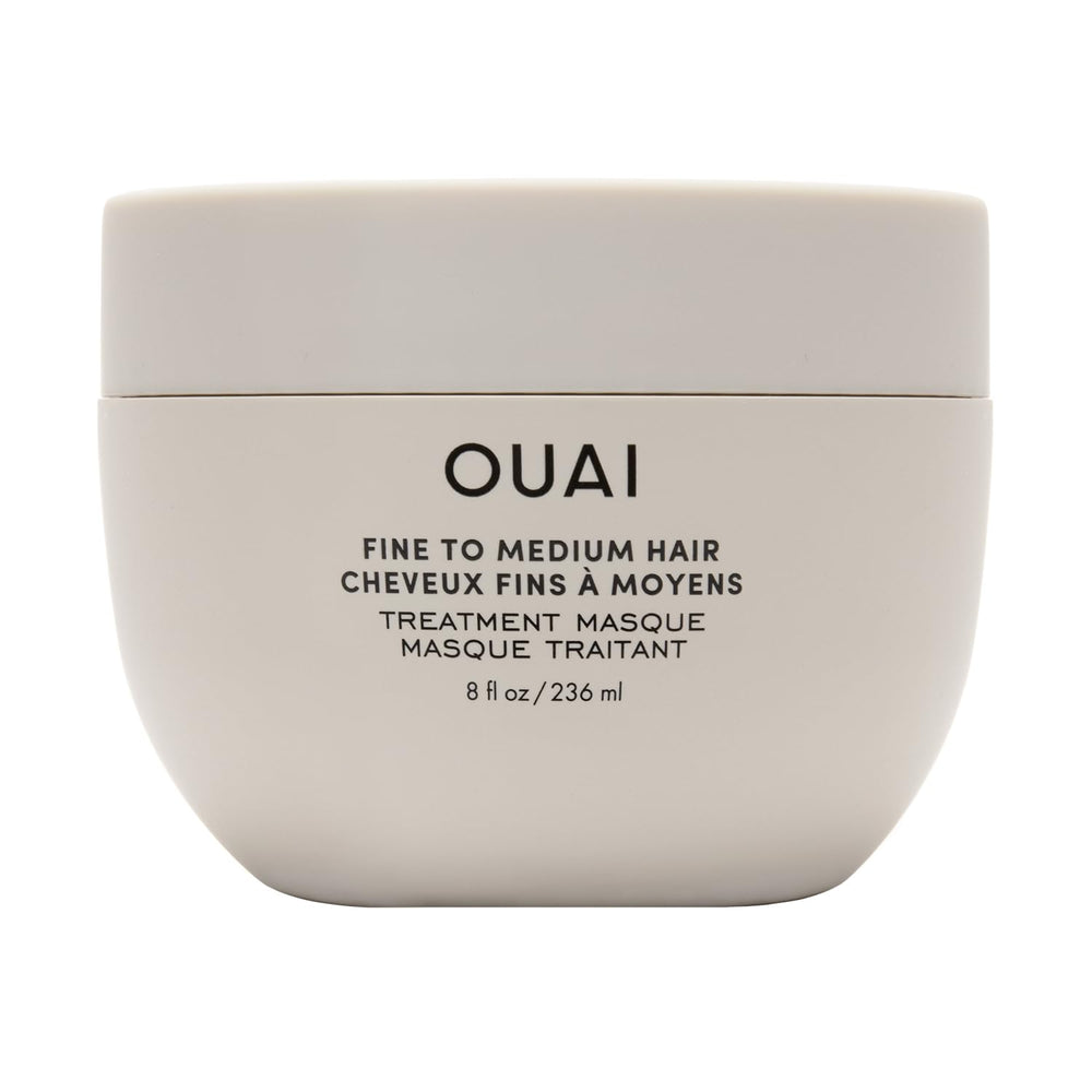OUAI Fine to Medium Hair Masque packaging highlights hydrating formula for smoother strands.